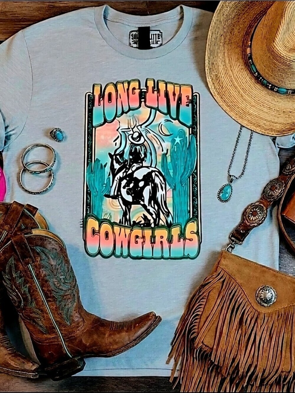 Long Live Cowgirls Western Graphic Tee • Vintage Desert Sunset Horseback Rider